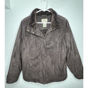 LL Bean Faux Suede Full Zip Snap Jacket Brown Women Size Large